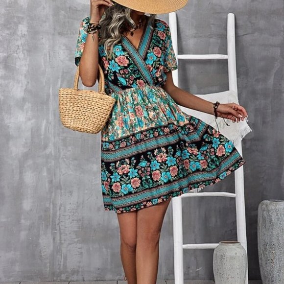 Boho Floral Multi color Surplice Neck Mini Dress - Picture 4 of 7